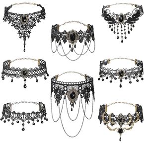 8 Pieces Lace Choker Necklace, Elegant Gothic Steampunk Lace Choker, Black Halloween Sexy Jewelry Neck Chain Collar Statement for Women Lady Victorian Wedding Party Cosplay