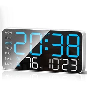 MASHI 9.5''Large Display Digital Wall Clock, Digital Alarm Clock, with Date, Temperature, Auto DST, Modern Decor Design for Desk, Wall, 5-Level Brightness for Room, Bedroom, Gift, Yougster and Elderly