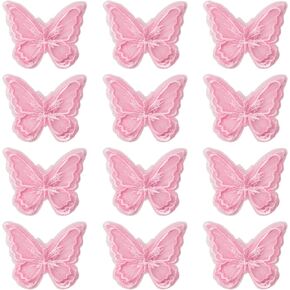Pink Lace Butterfly Appliques for Sewing On Double Layers Lace Patches for Wedding Bride Hair Accessories (Pink, 12 pcs)