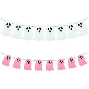 2 Pack White Pink Ghost Garland Felt Ghost Banner for Haunted House Fireplace Indoor Outdoor Halloween Party Decorations Supplies