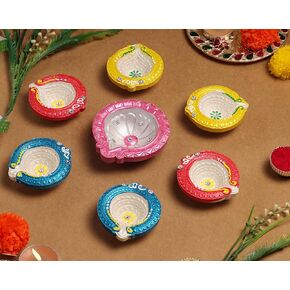 Premium Handmade Terracoaat Set of 7 Multicolor Clay Diya for Diwali/Navratri Decorations Oil Lamp Diwali Clay Diya Tea Light Holder Home Decor Festival Gifts Puja Items - DIYA07HL02