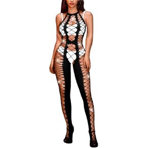 Bodystocking Lingerie For Women Sheer Cut Out, Halter Backless Fishnet Bodysuit, Rhinestone Sexy Dancer Rave Outfits
