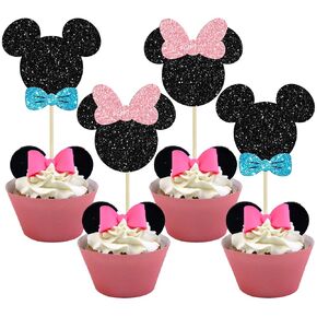 Gyufise Mouse Inspired Cupcake Toppers with Bow Black and Pink Glitter Mouse Cupcake Picks Baby Shower Wedding Kids Birthday Party Cake Decorations Supplies 36 Pack