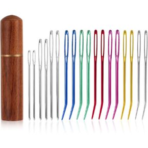18pcs Large Eye Hand Knitting Needles, Aluminum Big Eye Sewing Needles Kit with Curved Needle & Blunt Needle & Wooden Needle Case for Quilting Beading Crochet Projects for Twine Yarn Wool
