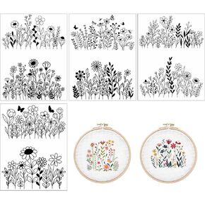 Water Soluble Embroidery Patterns Stabilizers - Rngmsi 4 Sheets Flower Stick and Stitch Embroidery Paper Wash Away 8 Pcs Plant Sunflower Butterfly Embroidery Transfer Paper Stabilizers for Hand Sewing
