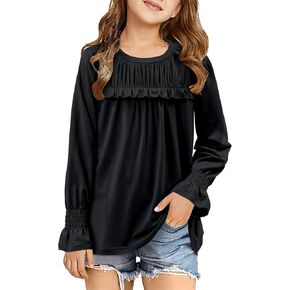storeofbaby Girls Casual Long Sleeve Shirts Loose Ruffle Tunic Tops Smocked Cuff Blouses 4-13 Years