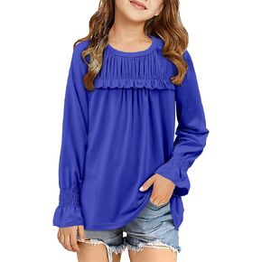 storeofbaby Girls Casual Long Sleeve Shirts Loose Ruffle Tunic Tops Smocked Cuff Blouses 4-13 Years in Kuwait