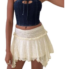 Women Lace Mini Skirt Y2k Fairy Asymmetrical Flowy Short Skirt Low Waist Pleated Ruffle Hem Layered Skirts in Kuwait