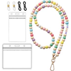 H1vojoxo 5PCS Wooden Beaded Lanyard with ID Badges for Teachers, Teacher Lanyards for ID Badges, Personalized Teacher Lanyard with Badge Holder, Colorful Teacher Beaded Lanyard for ID Badges and Keys