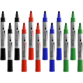 Comix Glass Board Dry Erase Markers, Low Odor Whiteboard Markers, Bullet Tip, 4 Assorted Colors, 12 Pack