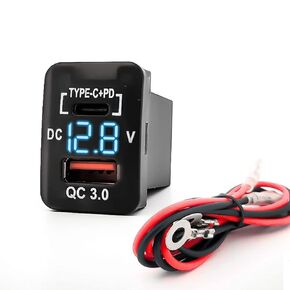 [Blue] Upgraded Dual Port PD/QC3.0 Quick Charger with Blue LED Digital Voltmeter Replacement for Toyota, Compatible with Cellphone iPad Laptop GPS (Surface Size 1.57 x 0.88 inches)