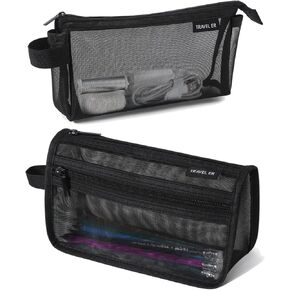 2-Pack Grid Mesh Pencil Case with Handle and Zipper, Double Layer Clear Large Capacity Pencil Pouch, Travel Makeup Bag and Small Toiletry Bag for Purse, College Essentials School Supplies (Black)