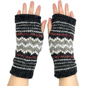 Hand Knit Fingerless Winter Striped Texting Gloves Warm Wool Fleece Lined