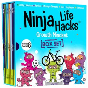 مجموعة كتب Ninja Life Hacks Growth Mindset 8 (الكتب 9-16: مثالي، مال، قلق، شجاع، غير أمين، خجول، غير موصول، تنوع)
