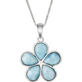 Sterling Silver Natural Larimar Plumeria Flower Necklace Pendant with 18"" Box Chain, Nickle Free Hypoallergenic for Sensitive Skin, Gift Box Included, blue
