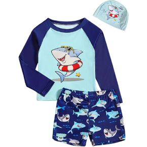 Toddler Boy Blue Shark Swimsuit - Kid Cartoon Bathing Suit Long Sleeve Shirt Trunks Hat Rashguard Swimwear 3Pcs Set