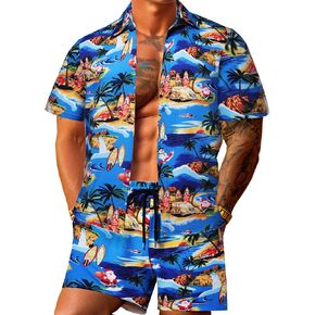 JoZorro Men Hawaiian Shirt Sets Casual Button Down Shirts 2 Piece Luxury Summer Beach Outfits
