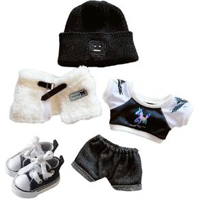 20cm Plush Doll Clothes Set, Kpop Doll Outfit Plush Coat Pants Shoes for 8 inch Plush Doll Soft Stuffed Animal, Dress-Up Play (Check-White/Black)