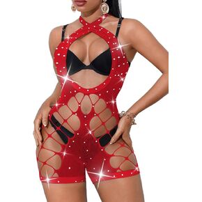 Rhinestone Fishnet Bodysuit,Sexy Cutout Exotic Dancewear,Women Mesh Romper Night Club Rave Outfits