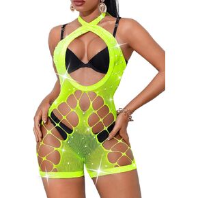 Rhinestone Fishnet Bodysuit,Sexy Cutout Exotic Dancewear,Women Mesh Romper Night Club Rave Outfits