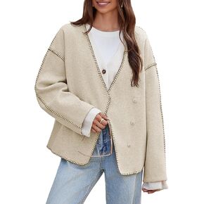 Cicy Bell Womens Cropped Pea Coat Oversized Wool Blend Fall Coats V Neck Embroidered Short Jackets
