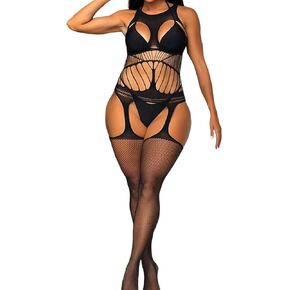 Barode Fishnet Bodystocking Crotchless Bodysuit Black Mesh Lace Sleepwear Tight Lingerie Teddy Bodydoll for Women