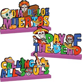 Day of the Dead Decorations Wooden Table Centerpieces Dia De Los Muertos Party Supplies Sugar Skull Themed Calling All Souls Wooden Table Signs for Mexican Dia De Los Muertos Party