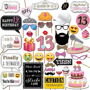 13th Birthday Photo Booth Props - 41-pc Photo Prop Kit with 8 x 10-Inch Sign, 60 Adhesive Pads, 45 Sticks - Teen Girl Photo Booth Props - Party Supplies 13th Birthday