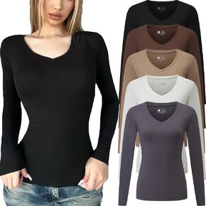 5 Pack Women's T-Shirt Long Sleeve V Neck Tops Cotton Bodycon Fall Winter Slim Fit Tunics Going Out Tees