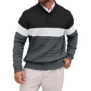 HYPESTFIT Men's Tri-Button Pullover Sweater Mock Neck Lightweight Casual Fashion Knitted Henley Sweater