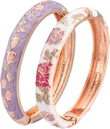 UJOY Fashion Cloisonne Bracelets Set Gold Plated Enameled Jewelry Spring Hinged Metal Cuff Bangles Gift Box Packed in Kuwait