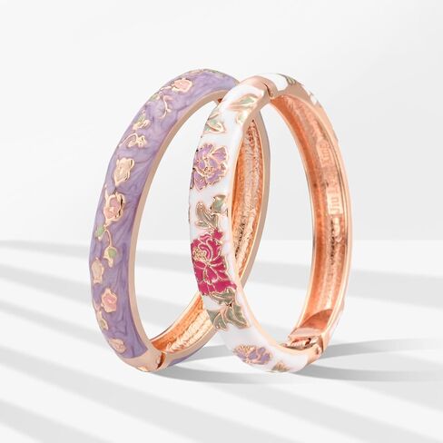 UJOY Fashion Cloisonne Bracelets Set Gold Plated Enameled Jewelry Spring Hinged Metal Cuff Bangles Gift Box Packed in Kuwait