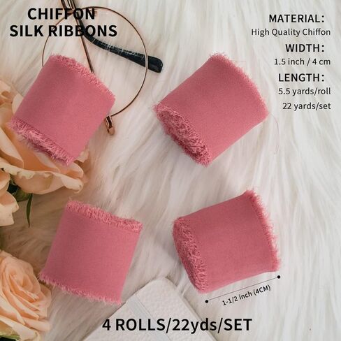 TONIFUL 4 Rolls 1-1/2 Inch Dusty Baby Blue Light Blue Chiffon Silk Ribbon 22yds Handmade Fringe Chiffon Ribbons Set for Wedding Invitations, Bridal Bouquets, Gifts Wrapping (Baby Blue, 22yds, 1.5") in Kuwait