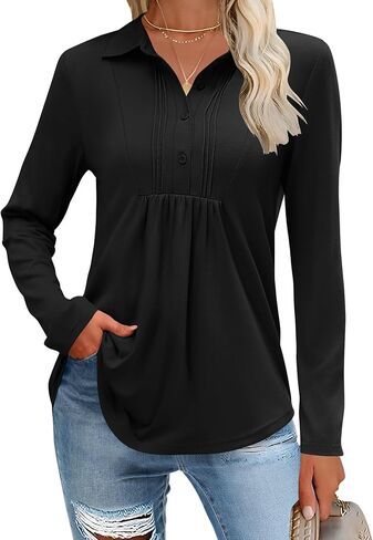 Romanstii Womens Long Sleeve Polo Shirts Pleated Collared Button-down Blouses Dressy Casual Fall Tunic Tops in Saudi Arabia