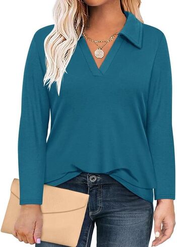 TIYOMI Plus Size Womens Polo Shirts Long Sleeve Collared Tops Business Casual V Neck Loose Fit T Shirt Work Blouse 1X-5X in Kuwait