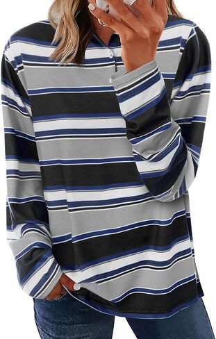 Tankaneo Women's Striped Shirts Oversized Long Sleeve Collared Polo Sweatshirts Casual Fall Tops in Saudi Arabia