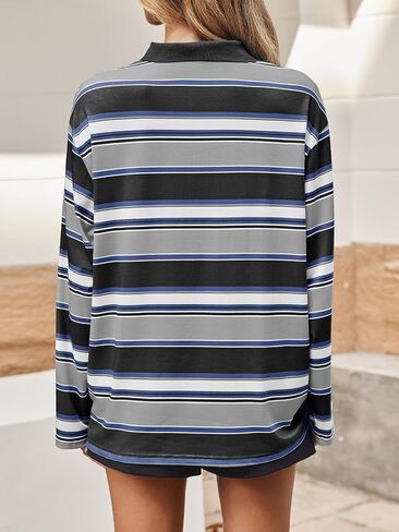 Tankaneo Women's Striped Shirts Oversized Long Sleeve Collared Polo Sweatshirts Casual Fall Tops in Saudi Arabia