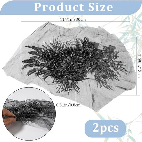 GORGECRAFT 2Pcs 3D Leaf Flower Lace Appliques Black Floral Leaves Embroidered Bridal Lace Sew on Applique Patches for Wedding Gown Bridal Dress Decor Clothing Sewing DIY Crafts in Saudi Arabia