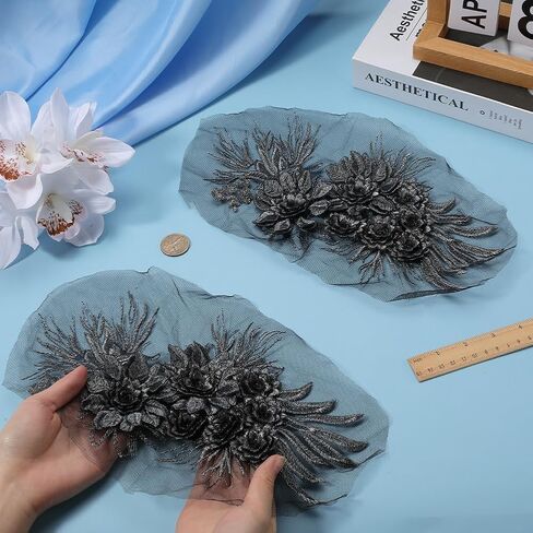 GORGECRAFT 2Pcs 3D Leaf Flower Lace Appliques Black Floral Leaves Embroidered Bridal Lace Sew on Applique Patches for Wedding Gown Bridal Dress Decor Clothing Sewing DIY Crafts in Saudi Arabia
