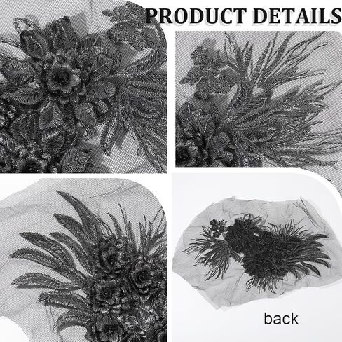 GORGECRAFT 2Pcs 3D Leaf Flower Lace Appliques Black Floral Leaves Embroidered Bridal Lace Sew on Applique Patches for Wedding Gown Bridal Dress Decor Clothing Sewing DIY Crafts in Saudi Arabia