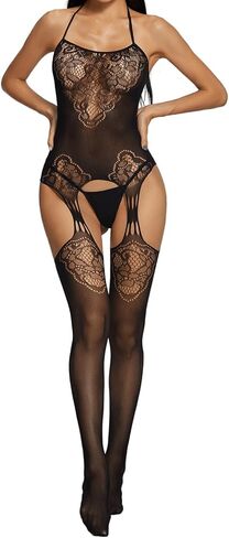 Womens Fishnet Bodystocking Attached Stockings Sexy Lingerie Crotchless Bodysuit Mesh Bodystocking Babydoll One Size in Saudi Arabia