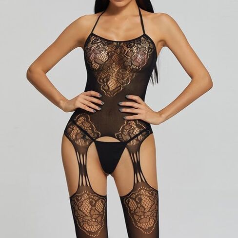 Womens Fishnet Bodystocking Attached Stockings Sexy Lingerie Crotchless Bodysuit Mesh Bodystocking Babydoll One Size in Saudi Arabia