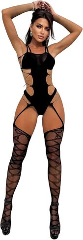 Womens Fishnet Bodystocking Attached Stockings Sexy Lingerie Crotchless Bodysuit Mesh Bodystocking Babydoll One Size in Saudi Arabia