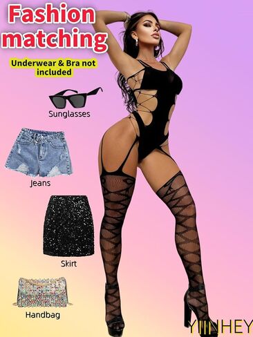 Womens Fishnet Bodystocking Attached Stockings Sexy Lingerie Crotchless Bodysuit Mesh Bodystocking Babydoll One Size in Saudi Arabia