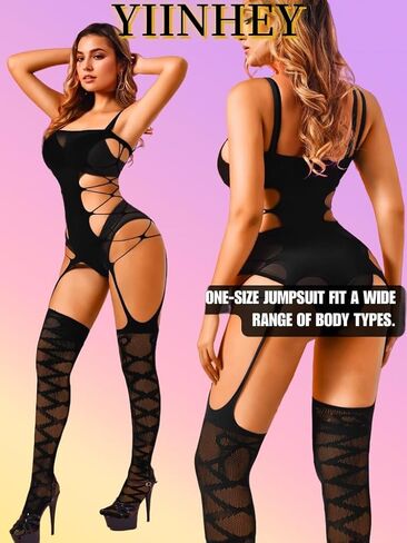 Womens Fishnet Bodystocking Attached Stockings Sexy Lingerie Crotchless Bodysuit Mesh Bodystocking Babydoll One Size in Saudi Arabia