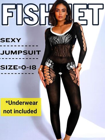 Sexy Fishnet Jumpsuit For Women, Sheer Mesh Hollow Out Striped Long Sleeve Bodysuit, Date Night Club Rave Outfits in Kuwait