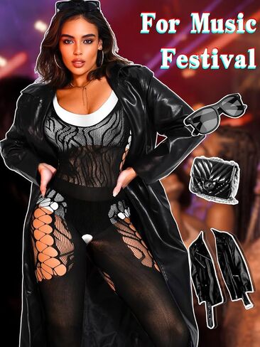 Sexy Fishnet Jumpsuit For Women, Sheer Mesh Hollow Out Striped Long Sleeve Bodysuit, Date Night Club Rave Outfits in Kuwait
