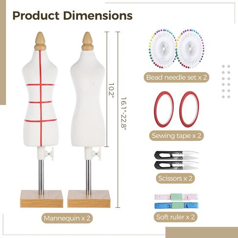 10 PCS Tailor Dressmaker Dummy Mannequins Set with Needles Sewing Patch Measuring Tapes, Doll Dress Form Mini Female 1/4 Size Body Miniature Sewing Mannequin Dress Forms for Sewing in Saudi Arabia