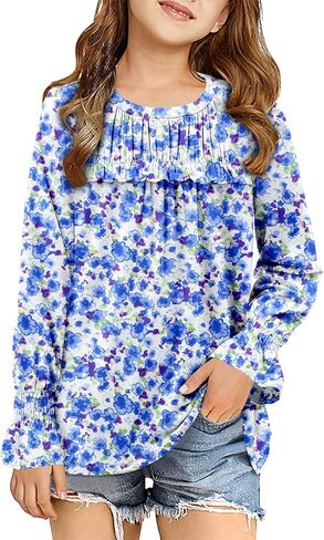 storeofbaby Girls Casual Long Sleeve Shirts Loose Ruffle Tunic Tops Smocked Cuff Blouses 4-13 Years in Kuwait