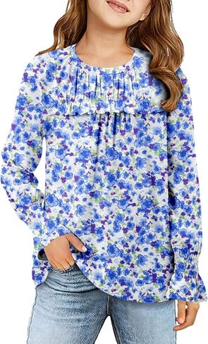 storeofbaby Girls Casual Long Sleeve Shirts Loose Ruffle Tunic Tops Smocked Cuff Blouses 4-13 Years in Kuwait